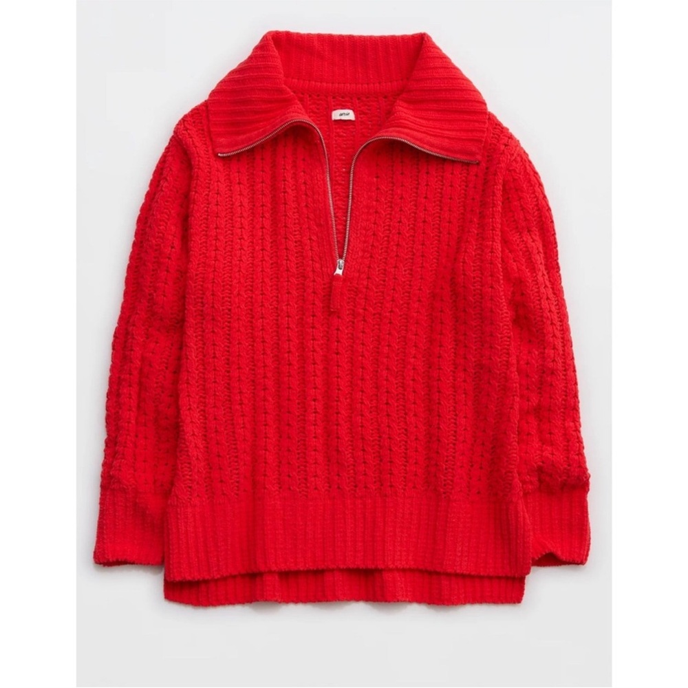 Aerie Cable Car Knit Quarter Zip Cozy Sweater Holiday Red Medium - Picture 8 of 9